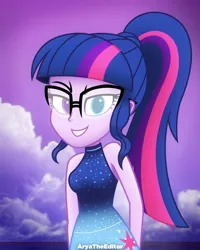 Size: 2000x2500 | Tagged: safe, artist:aryatheeditor, derpibooru import, sci-twi, twilight sparkle, equestria girls, bust, cutie mark, fashion style, geode of telekinesis, glasses, grin, headcanon, heterochromia, looking at you, magical geodes, outfit, photo, portrait, powerful sparkle, purple background, simple background, sleeveless, smiling, solo, toy