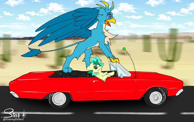 Size: 1993x1257 | Tagged: safe, artist:starrypallet, derpibooru import, gallus, sandbar, earth pony, gryphon, pony, car, convertible, desert, male, older, older gallus, older sandbar, size difference, tongue out