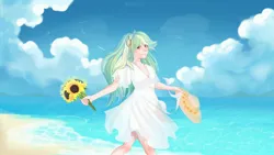 Size: 2560x1440 | Tagged: artist:melloncollie-chan, beach, derpibooru import, flower, hat, human, humanized, lyra heartstrings, safe, summer dress, sunflower