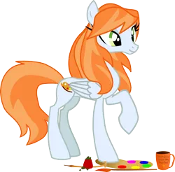 Size: 4329x4252 | Tagged: safe, artist:agdistis, derpibooru import, oc, oc:ginger peach, unofficial characters only, pegasus, pony, /mlp/, brush, coffee, coffee mug, drawthread, easel, female, green eyes, mare, mug, orange hair, pegasus oc, simple background, solo, transparent background, wings