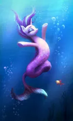 Size: 2048x3384 | Tagged: artist:magfen, bubble, colored pupils, crepuscular rays, derpibooru import, eyes closed, female, fish, fish tail, flowing mane, horn, long glimmer, long pony, looking up, mermaid, mermaidized, merpony, safe, smiling, solo, species swap, starlight glimmer, sunburst, sunlight, underwater, water