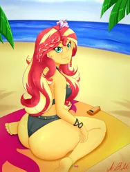 Size: 1500x2000 | Tagged: suggestive, artist:albertbm, derpibooru import, sunset shimmer, equestria girls, ass, barefoot, beach, beach babe, beach towel, bikini, bikini babe, breasts, bunset shimmer, butt, clothes, feet, female, flower, flower in hair, looking at you, palm tree, sexy, smiling, stupid sexy sunset shimmer, sunscreen, swimsuit, the ass was fat, thick, thighs, tree