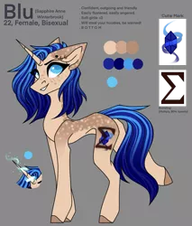 Size: 1339x1569 | Tagged: safe, artist:ouija_arts, derpibooru import, oc, oc:blu, unicorn, blue eyes, blue mane, branding, ear piercing, enertek brand, piercing, sapphire, tan body