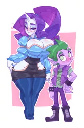 Size: 649x987 | Tagged: suggestive, artist:bigdad, derpibooru import, rarity, spike, human, big breasts, blushing, breasts, busty rarity, clothes, female, horn, horned humanization, huge breasts, humanized, male, older, older spike, pony coloring, shipping, simple background, size difference, smiling, sparity, straight