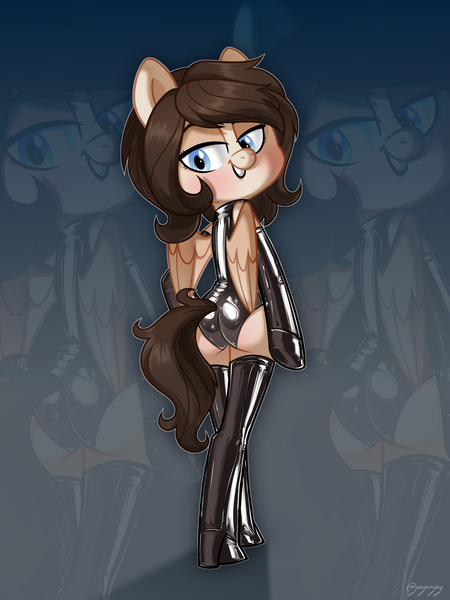 Size: 3000x4000 | Tagged: artist:jay-onjey, artist:metalface069, ass, boots, butt, chibi, clothes, crossdressing, derpibooru import, gloves, high heel boots, latex, latex gloves, latex socks, latex suit, looking at you, looking back, looking back at you, looking over shoulder, male, oc, oc:staffie, pegasus, pegasus oc, semi-anthro, shoes, socks, solo, solo male, stallion, suggestive, unofficial characters only, wings, zoom layer