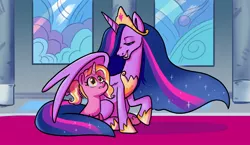 Size: 3840x2234 | Tagged: safe, artist:ohjeetorig, derpibooru import, luster dawn, princess twilight 2.0, twilight sparkle, twilight sparkle (alicorn), alicorn, pony, unicorn, the last problem, canterlot throne room, female, jewelry, official fan art, regalia, stained glass