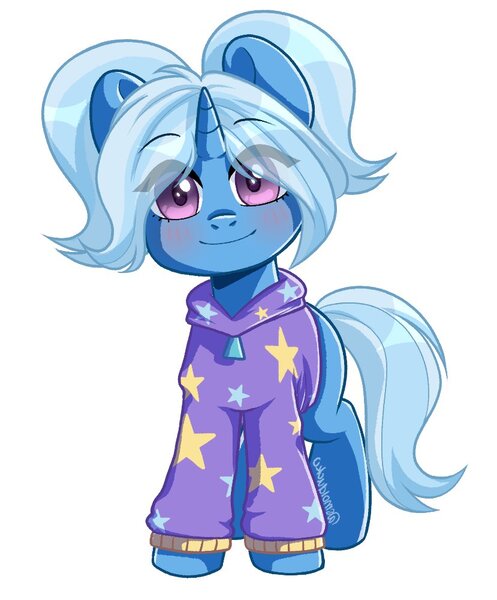 Size: 829x1000 | Tagged: safe, artist:cottonsweets, artist:smolducko, derpibooru import, trixie, pony, unicorn, alternate hairstyle, babysitter trixie, clothes, hoodie, pigtails, simple background, solo, twintails, white background