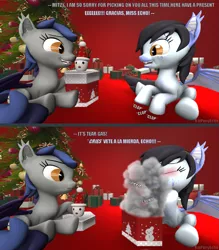 Size: 1279x1458 | Tagged: safe, artist:batponyecho, derpibooru import, oc, oc:echo, oc:mitzy, unofficial characters only, bat pony, pony, 3d, bat pony oc, bat wings, christmas, christmas lights, christmas tree, comic, duo, excited, female, happy, holiday, humor, joke, mare, onomatopoeia, pain, prank, present, sfm pony, smiling, smoke, sound effects, source filmmaker, spanish, spread wings, tail, tear gas, text, tree, wings