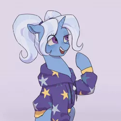 Size: 1472x1472 | Tagged: safe, artist:nodambol, artist:nodambol222, derpibooru import, trixie, pony, unicorn, alternate hairstyle, babysitter trixie, clothes, female, hoodie, mare, pigtails, simple background, solo, twintails