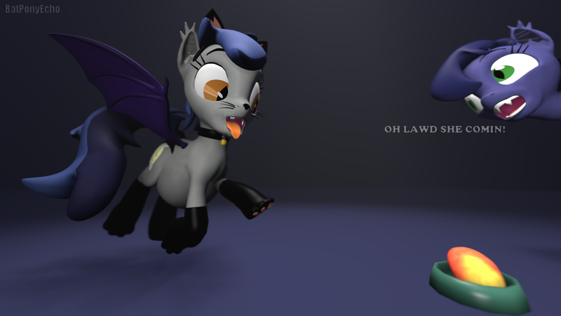 Size: 1280x720 | Tagged: safe, artist:batponyecho, derpibooru import, oc, oc:echo, oc:halfmoon, unofficial characters only, bat pony, pony, 3d, bat pony oc, bat wings, behaving like a cat, bowl, chonk, chubby, cutie mark, duo, fat, female, food, hefty, huge, incoming, mango, mare, meme, sfm pony, source filmmaker, spread wings, tail, text, that batpony sure does love mangoes, tongue out, wings