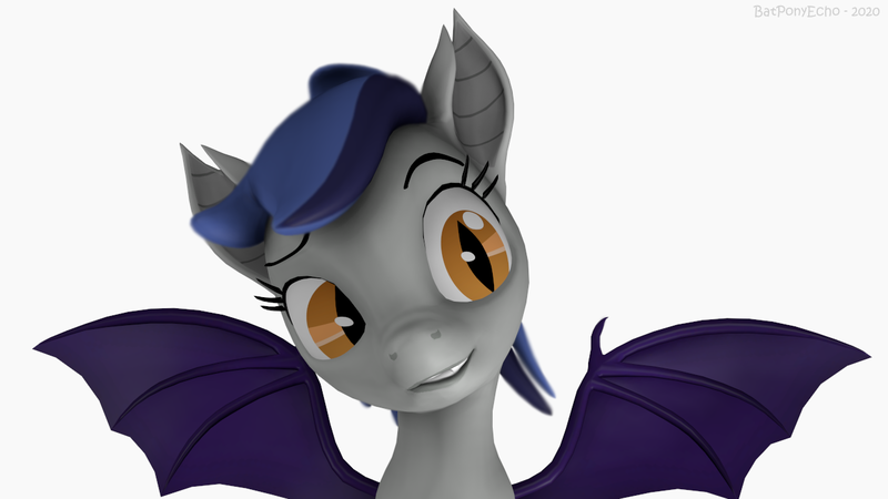 Size: 1280x720 | Tagged: safe, artist:batponyecho, derpibooru import, oc, oc:echo, unofficial characters only, bat pony, pony, 3d, bat pony oc, bat wings, female, grin, implied mango, mare, sfm pony, simple background, smell, smiling, solo, source filmmaker, spread wings, tasty, that batpony sure does love mangoes, white background, wings