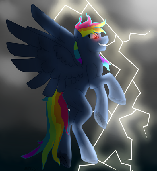 Size: 1818x1975 | Tagged: safe, artist:mikeyboo, derpibooru import, rainbow dash, demon, demon pony, original species, pegasus, pony, secrets and pies, dark, evil pie hater dash, evil rainbow dash, lightning, scene interpretation, solo