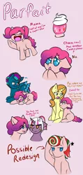 Size: 1270x2658 | Tagged: safe, artist:jolliapplegirl, derpibooru import, pumpkin cake, oc, oc:hazy sky, oc:parfait, oc:tranquil spring, earth pony, pegasus, pony, unicorn, colt, dialogue, foal, male, next generation, offspring, parent:cheese sandwich, parent:pinkie pie, parent:quibble pants, parent:rainbow dash, parent:twilight sparkle, parents:cheesepie, parents:quibbledash, pompadour