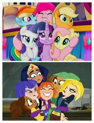 Size: 3106x4096 | Tagged: alicorn, applejack, batgirl, bumblebee, dc superhero girls, derpibooru import, fluttershy, green lantern, group hug, hug, mane six, my little pony: the movie, pinkie pie, rainbow dash, rarity, safe, supergirl, twilight sparkle, twilight sparkle (alicorn), wonder woman, zatanna