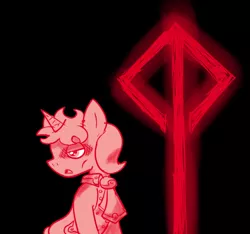 Size: 640x600 | Tagged: safe, artist:ficficponyfic, derpibooru import, part of a set, oc, oc:antoine clovenheimer, unicorn, cyoa:madness in mournthread, background of darkness, black background, collar, cyoa, dark around eyes, ears up, glowing runes, messy mane, monochrome, mystery, necktie, open mouth, part of a series, runes, simple background, story included, tense