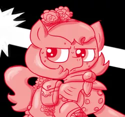 Size: 640x600 | Tagged: safe, artist:ficficponyfic, derpibooru import, part of a set, oc, oc:mulberry telltale, cyoa:madness in mournthread, bag, cyoa, flower, frown, headband, looking back, mystery, neckerchief, nervous, part of a series, shawl, story included, suspicious, sweat