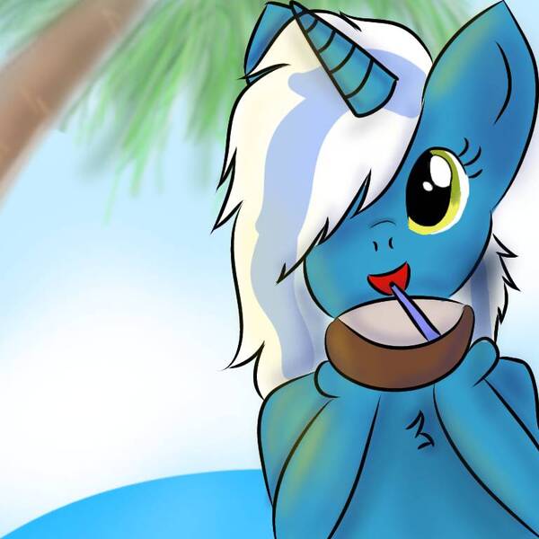 Size: 768x768 | Tagged: alicorn, alicorn oc, artist:sevisnape0911, chest fluff, coconut, derpibooru import, drinking straw, female, food, horn, mare, oc, ocean, oc:fleurbelle, palm, palm tree, safe, sky, tree, wings, yellow eyes