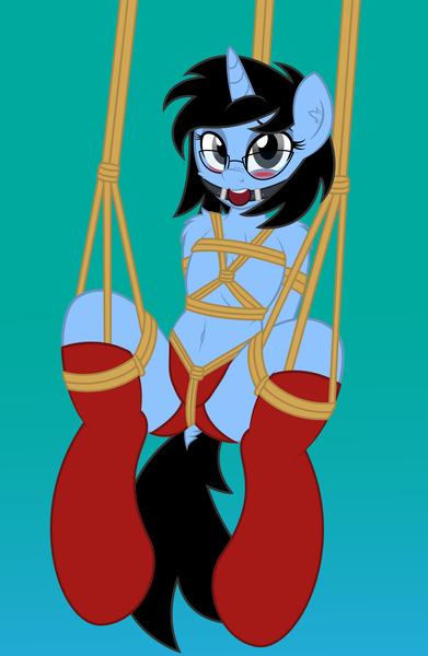 Size: 4526x6939 | Tagged: artist:digiqrow, artist:drzedworth, ballgag, bondage, clothes, commission, crotch rope, derpibooru import, dock, gag, glasses, oc, oc:tinker doo, panties, rope, rope bondage, rule 63, shibari, socks, solo, stockings, suggestive, suspended, suspension bondage, thigh highs, underwear, unofficial characters only, your character here