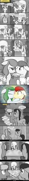 Size: 977x6132 | Tagged: safe, artist:nimaru, derpibooru import, oc, oc:crabapple, oc:winter willow, pony, comic:crabapple and willow, candle, female, floppy ears, kissing, male, mare, monochrome, neo noir, partial color, stallion