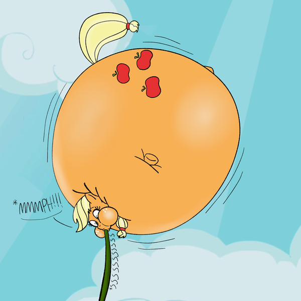 Size: 2048x2048 | Tagged: questionable, artist:boman100, derpibooru import, applejack, earth pony, pony, air inflation, cloud, female, floating, helium inflation, hissing, hose, immobile, inflation, muffled words, puffy cheeks, sky, solo, stretched cutie mark