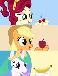 Size: 4600x6000 | Tagged: safe, artist:parclytaxel, derpibooru import, applejack, cherry jubilee, princess celestia, alicorn, earth pony, pony, .svg available, absurd resolution, apple, banana, bananalestia, cherry, female, food, hoof hold, mare, open mouth, patreon, smiling, vector