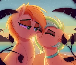 Size: 1260x1080 | Tagged: safe, artist:thegamblehorse, deleted from derpibooru, derpibooru import, oc, oc:minty pop, oc:parlay, unofficial characters only, earth pony, pony, beach, choker, cute, eyes closed, female, freckles, jewelry, lesbian, mare, necklace, nuzzling, oc x oc, ocean, parpop, shipping, sunset
