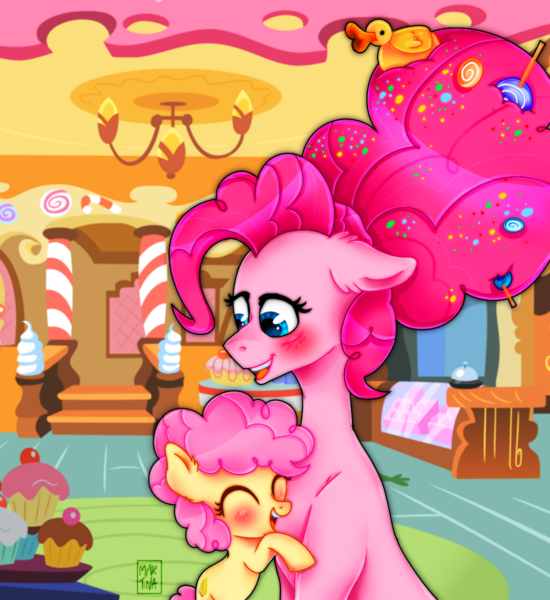 Size: 1100x1200 | Tagged: safe, artist:firestorm-can, artist:meqiopeach, derpibooru import, li'l cheese, pinkie pie, bird, duck, earth pony, pony, the last problem, art, blushing, candy, colt, dessert, drawing, eyes closed, fanart, female, foal, food, happy, hug, lollipop, love, male, mama pinkie, mare, messy hair, mother and child, mother and son, my little pony, older, older pinkie pie, parent, pink, puffy, sugarcube corner