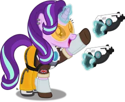 Size: 2712x2210 | Tagged: artist:anime-equestria, clothes, cosplay, costume, crossover, derpibooru import, ear piercing, goggles, gun, handgun, happy, horn, levitation, magic, overwatch, piercing, pistol, safe, simple background, starlight glimmer, telekinesis, tracer, transparent background, union jack, vector, weapon