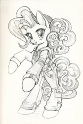 Size: 800x1188 | Tagged: safe, artist:maytee, derpibooru import, pinkie pie, earth pony, pony, bipedal, cap, clothes, grayscale, hat, hoodie, jacket, monochrome, pants, pencil drawing, rearing, solo, traditional art