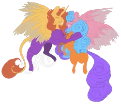 Size: 1280x1120 | Tagged: alicorn, alicorn oc, artist:grimmjawls, bodysuit, catsuit, derpibooru import, eyes closed, female, flying, hippie, horn, jewelry, necklace, oc, oc:aspen, oc:bella pinksavage, peace suit, peace symbol, pegasus, pegasus oc, safe, siblings, simple background, sisterly love, sisters, smiling, transparent background, unofficial characters only, wings