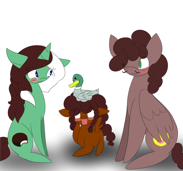 Size: 1280x1195 | Tagged: safe, artist:kaggy009, derpibooru import, oc, oc:bo diddly, oc:peppermint pattie (unicorn), bird, duck, pegasus, pony, unicorn, ask peppermint pattie, female, filly, male, mare, stallion