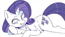 Size: 721x415 | Tagged: safe, artist:chapaghettii, derpibooru import, rarity, pony, unicorn, cute, female, looking at you, mare, open mouth, prone, raribetes, simple background, smiling, solo, white background