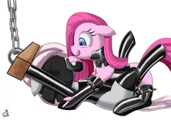 Size: 3508x2480 | Tagged: semi-grimdark, suggestive, artist:angryburger, derpibooru import, pinkie pie, oc, oc:violet, pony, asphyxiation, bondage, bracelet, breathplay, clothes, collar, corset, evening gloves, gloves, image, kinkamena, latex, latex corset, latex gloves, latex leotard, latex stockings, leotard, long gloves, missing cutie mark, pinkamena diane pie, png, posture collar, simple background, spiked wristband, stockings, straddling, thigh highs, wristband