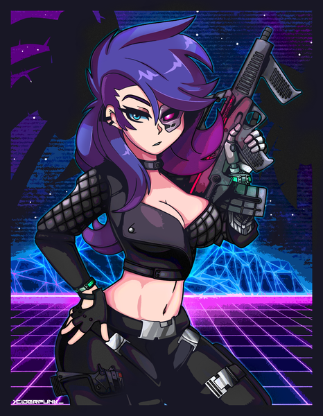 Size: 2328x3000 | Tagged: 80s, amputee, artist:ciderpunk, blood dragon, clothes, cyberpunk, derpibooru import, far cry 3, far cry blood dragon, fingerless gloves, gloves, gun, high res, human, humanized, poster, prosthetic eye, prosthetic limb, prosthetics, rarity, retrowave, safe, synthwave, weapon