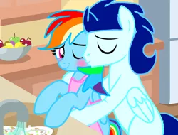 Size: 1896x1440 | Tagged: safe, artist:mlplary6, derpibooru import, rainbow dash, soarin', pegasus, pony, apple, apron, base used, bipedal, blushing, bowl, clothes, eyes closed, female, food, housewife, hug, hug from behind, kiss on the cheek, kissing, kitchen, male, mare, one eye closed, shipping, sink, smiling, soarindash, stallion, straight, tomboy taming, wink