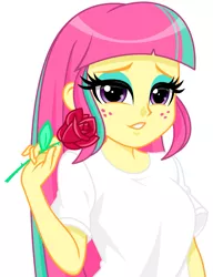 Size: 791x1031 | Tagged: safe, artist:rosemile mulberry, derpibooru import, sour sweet, equestria girls, eyeshadow, female, flower, freckles, lidded eyes, looking at you, makeup, rose, solo, white shirt