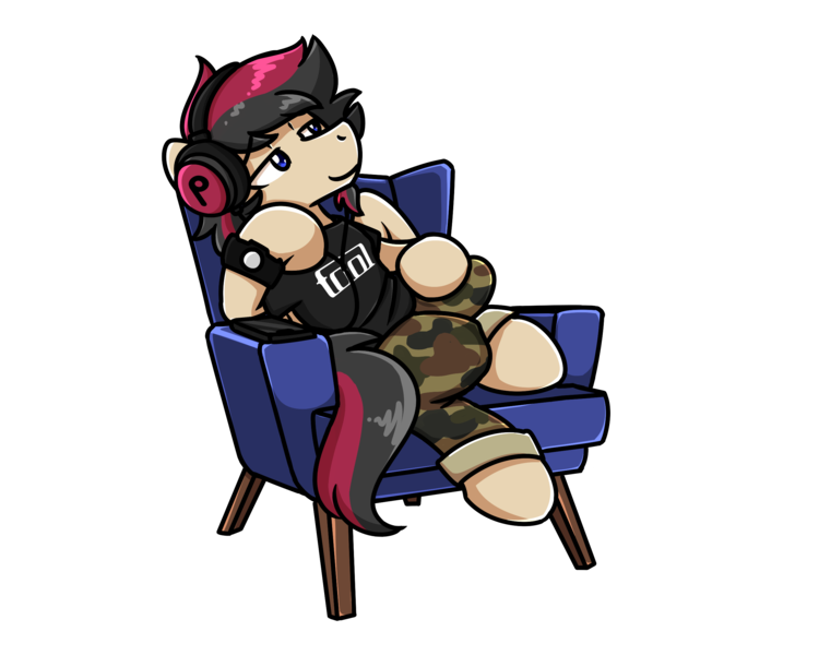 Size: 2560x2048 | Tagged: safe, artist:sugar morning, derpibooru import, oc, oc:porsche speedwings, unofficial characters only, pegasus, pony, armchair, bedroom eyes, camo pants, chillaxing, clothes, headphone jack, headphones, looking away, male, phone, shirt, simple background, solo, stallion, t-shirt, tool (band), transparent background, watch, wristwatch