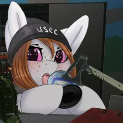 Size: 394x394 | Tagged: safe, artist:nording34, derpibooru import, oc, oc:kumikoshy, beanie, blushing, condensed milk, escape from tarkov, hat, hatchet, milk, tongue out, usec, video game