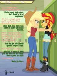 Size: 2501x3334 | Tagged: suggestive, artist:gutovi, derpibooru import, applejack, sunset shimmer, equestria girls, against wall, appleshimmer, boots, canterlot high, clothes, female, flirting, hallway, innuendo, lesbian, lockers, pants, pinned, sassy, shipping, shoes