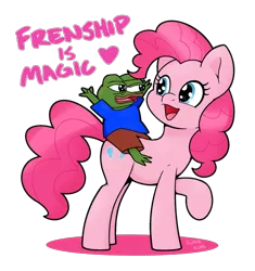 Size: 1783x1900 | Tagged: safe, artist:kumakum, derpibooru import, pinkie pie, earth pony, frog, pony, crossover, duo, female, mare, misspelling, pepe the frog, raised hoof, simple background, smiling, text, transparent background