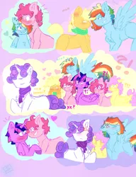 Size: 1000x1300 | Tagged: safe, artist:shinningblossom12, derpibooru import, twilight sparkle, twilight sparkle (alicorn), oc, oc:bubble pie, oc:caramel apple, oc:flutterscotch, oc:pinkie berry, oc:rainbow ditz, oc:timber shine, oc:zoe, alicorn, earth pony, pegasus, pony, unicorn, bubble, chest fluff, earth pony oc, eye clipping through hair, freckles, gay, heart, male, next generation, parent:applejack, parent:fluttershy, parent:pinkie pie, parent:rainbow dash, parent:rarity, parent:twilight sparkle, stallion