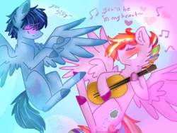 Size: 800x600 | Tagged: safe, artist:shinningblossom12, derpibooru import, oc, oc:candy luck, oc:rainbow ink, pegasus, pony, blushing, cloud, colored hooves, eyes closed, flying, gay, male, music notes, oc x oc, pegasus oc, shipping, singing, smiling, stallion, wings
