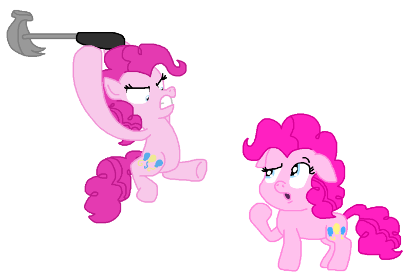 Size: 1132x764 | Tagged: safe, artist:logan jones, derpibooru import, pinkie pie, earth pony, pony, angry, clone, confused, duality, female, hammer, hoof hold, mare, meme, pinkie clone, ponified meme, self ponidox, shitposting, simple background, spongebob squarepants, this will end in pain, this will not end well, white background