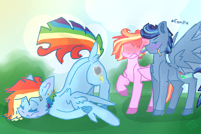 Size: 900x600 | Tagged: safe, artist:shinningblossom12, derpibooru import, oc, oc:fairy glitter, oc:rainbow ink, oc:rainbow sky, unofficial characters only, pegasus, pony, blushing, colored hooves, dock, embarrassed, eyes closed, face down ass up, female, licking, licking lips, male, mare, multicolored hair, not rainbow dash, pegasus oc, rainbow hair, raised hoof, sleeping, spread wings, stallion, tongue out, wingboner, wings