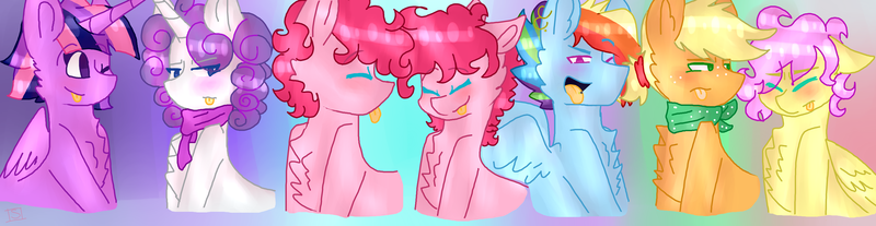 Size: 5560x1440 | Tagged: safe, artist:shinningblossom12, derpibooru import, applejack, fluttershy, pinkie pie, rainbow dash, rarity, twilight sparkle, twilight sparkle (alicorn), oc, oc:bubble pie, oc:caramel apple, oc:flutterscotch, oc:pinkie berry, oc:rainbow ditz, oc:timber shine, oc:zoe, alicorn, earth pony, pegasus, pony, unicorn, chest fluff, earth pony oc, eye clipping through hair, freckles, mane six, next generation, open mouth, parent:applejack, parent:fluttershy, parent:pinkie pie, parent:rainbow dash, parent:rarity, parent:twilight sparkle, smiling