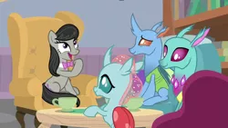 Size: 1920x1080 | Tagged: safe, derpibooru import, screencap, carapace (character), ocellus, octavia melody, spiracle, changedling, changeling, earth pony, pony, a horse shoe-in, armchair, bowtie, cute, female, mare, tavibetes