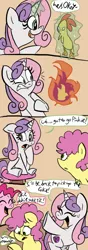 Size: 280x800 | Tagged: safe, artist:mirabuncupcakes15, derpibooru import, boneless, boneless 6, li'l cheese, pinkie pie, sweetie belle, earth pony, pony, unicorn, series:cmc future, the last problem, colt, comic, eyes closed, female, fire, glowing horn, horn, levitation, magic, male, mare, older, older pinkie pie, older sweetie belle, open mouth, pyro belle, raised hoof, sitting, stool, telekinesis, waving