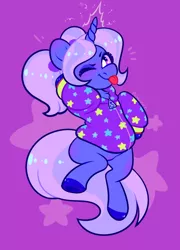 Size: 540x752 | Tagged: safe, artist:petalierre, derpibooru import, trixie, pony, unicorn, alternate hairstyle, babysitter trixie, chest fluff, clothes, hoodie, one eye closed, raspberry, smiling, solo, tongue out, underhoof, wink