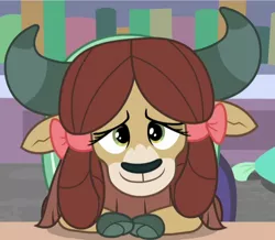 Size: 548x478 | Tagged: a horse shoe-in, bow, cloven hooves, cropped, cute, derpibooru import, female, hair bow, horns, monkey swings, safe, screencap, smiling, solo, yak, yona, yonadorable