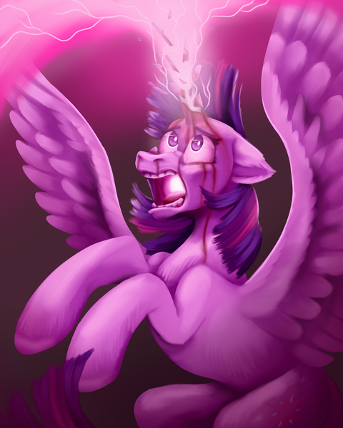 Size: 1600x2000 | Tagged: grimdark, artist:lordofthefeathers, derpibooru import, twilight sparkle, twilight sparkle (alicorn), alicorn, pony, blood, bloodshot eyes, broken horn, death, female, glow, horn, imminent death, magic overload, mare, open mouth, pain, raised hoof, solo